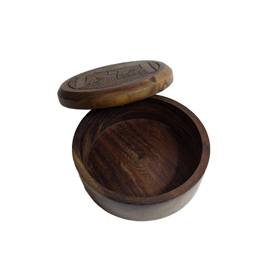 Runde Teakholz-Box mit Messing- und Holz-Intarsie: Elegante, handgefertigte Aufbewahrung – Ansicht 2 | orientcrafts