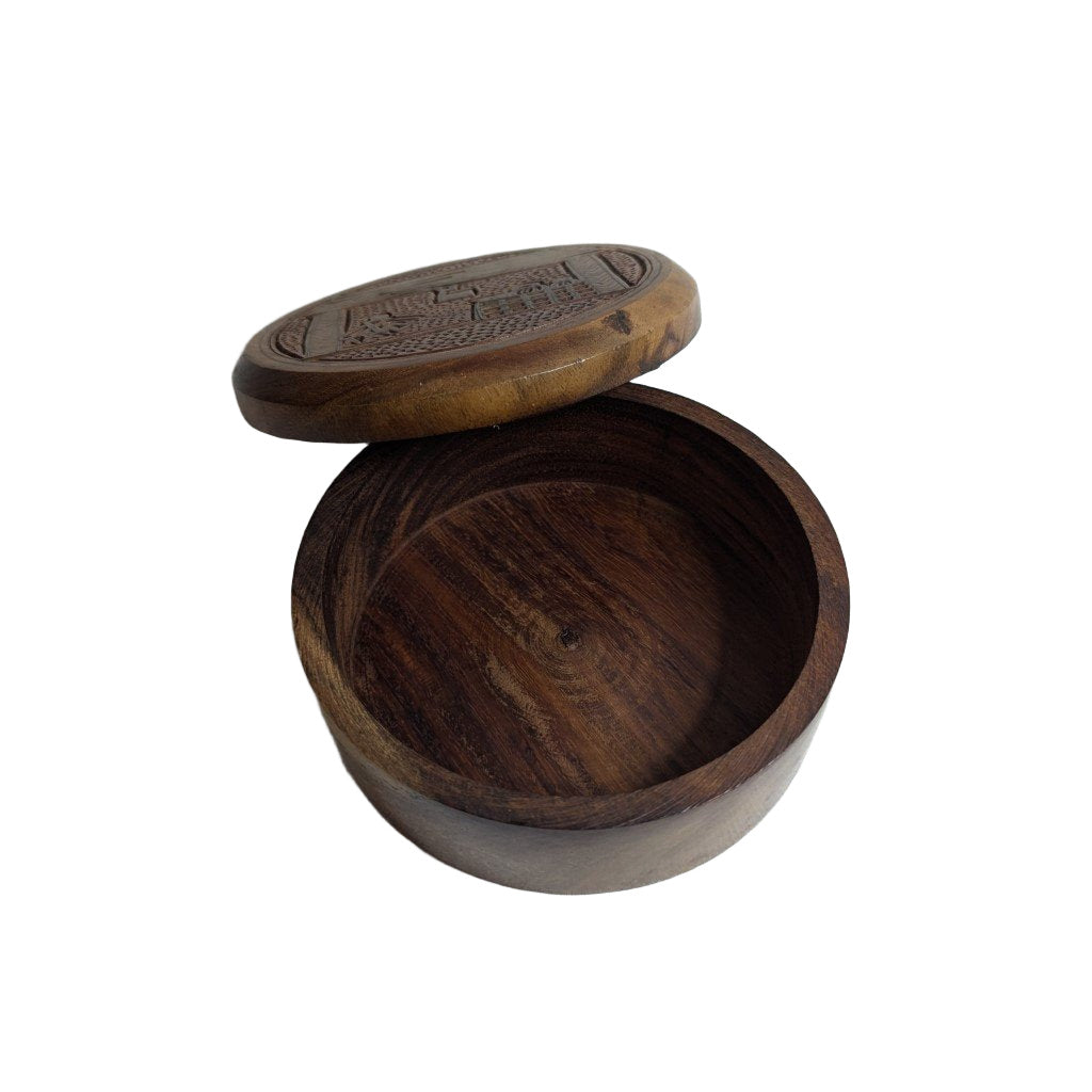 Runde Teakholz-Box mit Messing- und Holz-Intarsie: Elegante, handgefertigte Aufbewahrung – Ansicht 2 | orientcrafts