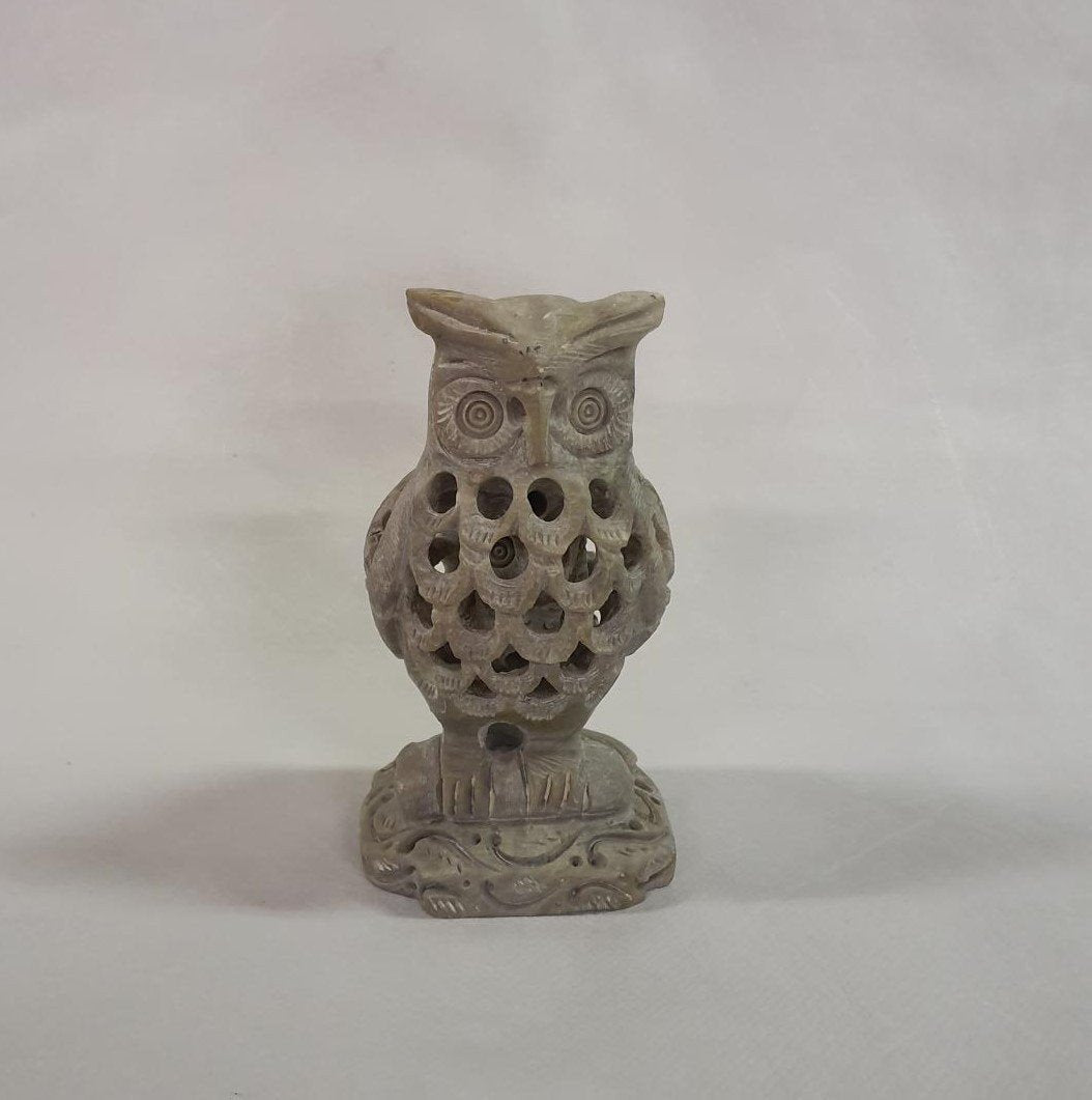 Owl with baby owl made of soapstone: Hand-carved symbol of protection and wisdom