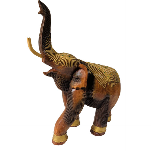 Teakholz Elefant mit Gold-Verzierung & Glasperlen (52 cm) – Rüssel nach oben – Ansicht 2 | orientcrafts