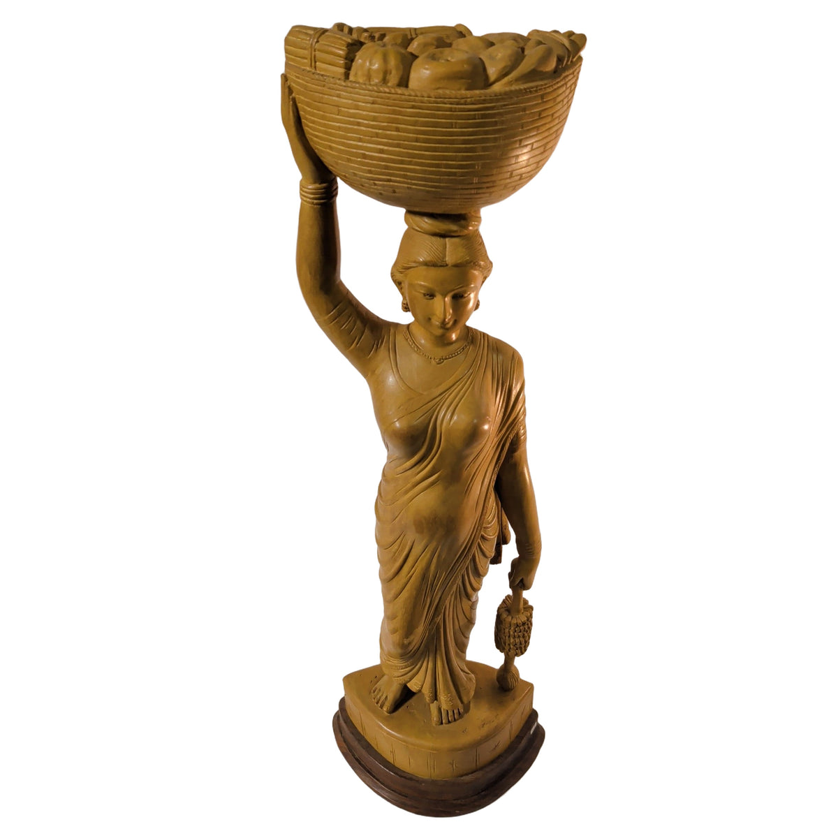 Große Holzfigur Frau mit Obstkorb (57 cm) – Handgeschnitzte Marktverkäuferin | orientcrafts