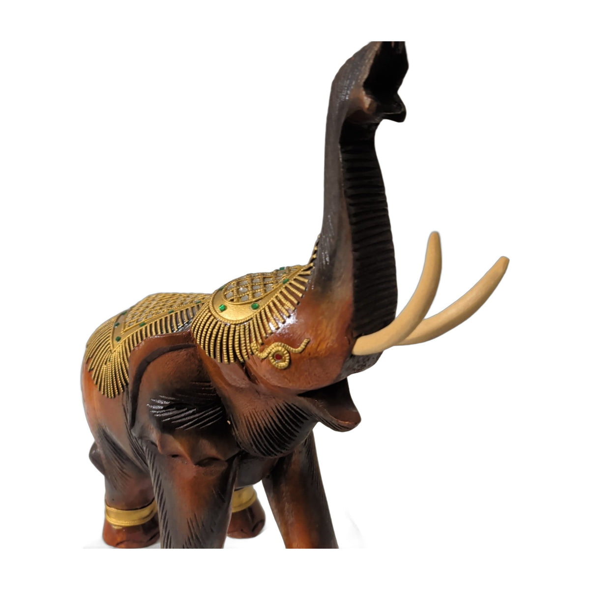 Elefant aus Holz – Rüssel hoch, Goldverzierung, ca. 41 cm – Ansicht 3 | orientcrafts