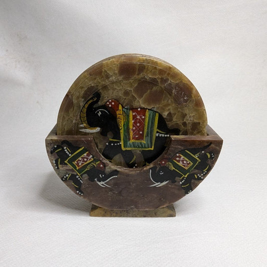 Soapstone Coaster Set Elephant – Hand-painted with holder 9 cm