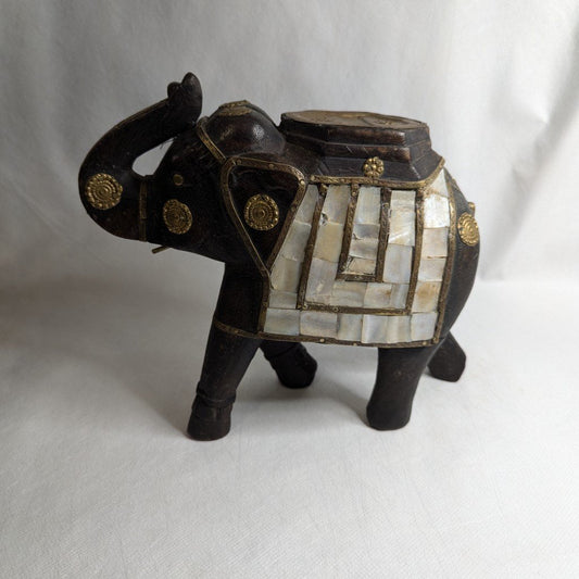 Wooden elephant with precious fittings: Hand-carved unique piece with mother-of-pearl