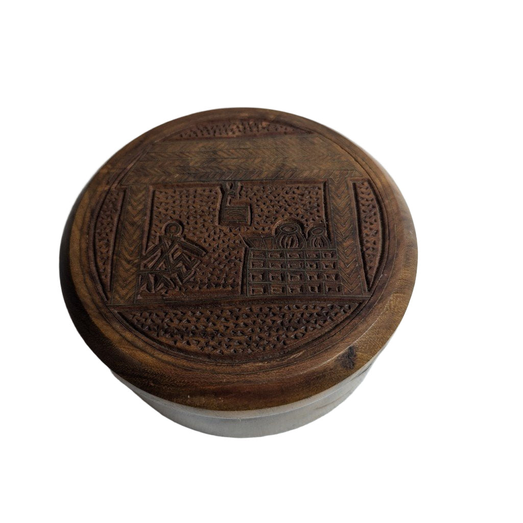 Runde Teakholz-Box mit Messing- und Holz-Intarsie: Elegante, handgefertigte Aufbewahrung | orientcrafts
