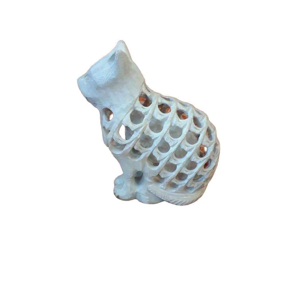 Handgeschnitzte Speckstein-Katze: Skulptur mit verborgener Babykatze im Inneren | orientcrafts
