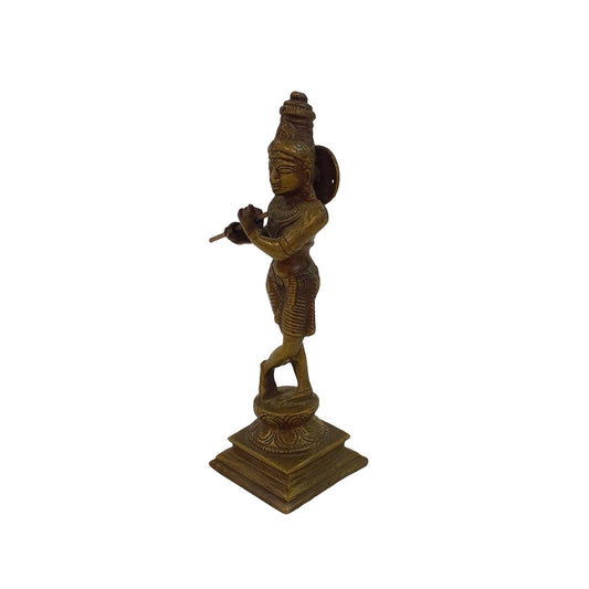 Große Krishna-Statue aus Messing: Handgeschmiedet und patiniert im traditionellen Gussverfahren – Ansicht 2 | orientcrafts