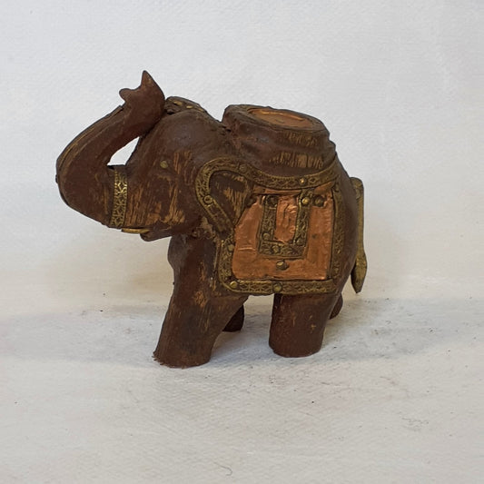 Wooden elephant with metal fittings: Hand-carved unique piece in rustic style