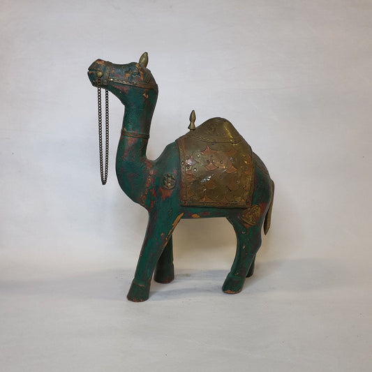 Hand-carved wooden camel: Rustic one-of-a-kind piece with brass and copper fittings