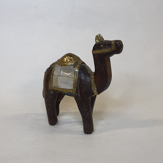 Hand-carved wooden camel: Luxurious one-of-a-kind piece with shimmering mother-of-pearl and metal appliqués