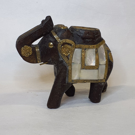 Wooden elephant with precious fittings: Hand-carved unique piece with mother-of-pearl