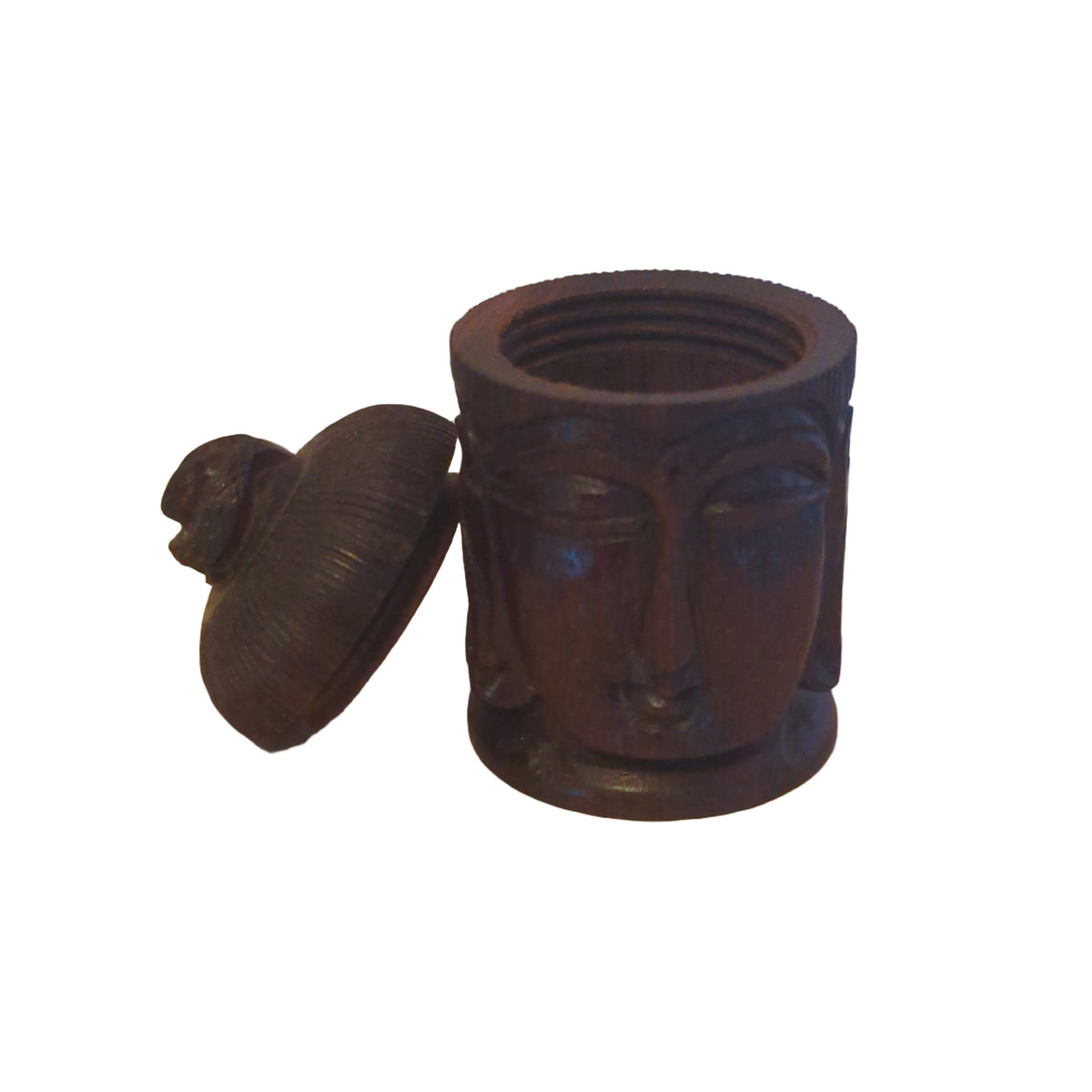 Pillendose Buddha Kopf aus Mahagoni: Handgeschnitztes, praktisches Reise-Accessoire – Ansicht 2 | orientcrafts