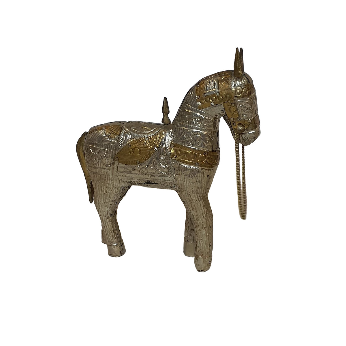 Holzpferd Deko Figur Indien – Messing/Kupfer Beschlagen 15 cm | orientcrafts