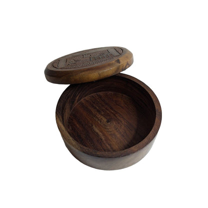 Runde Teakholz-Box mit Messing- und Holz-Intarsie: Elegante, handgefertigte Aufbewahrung – Ansicht 2 | orientcrafts