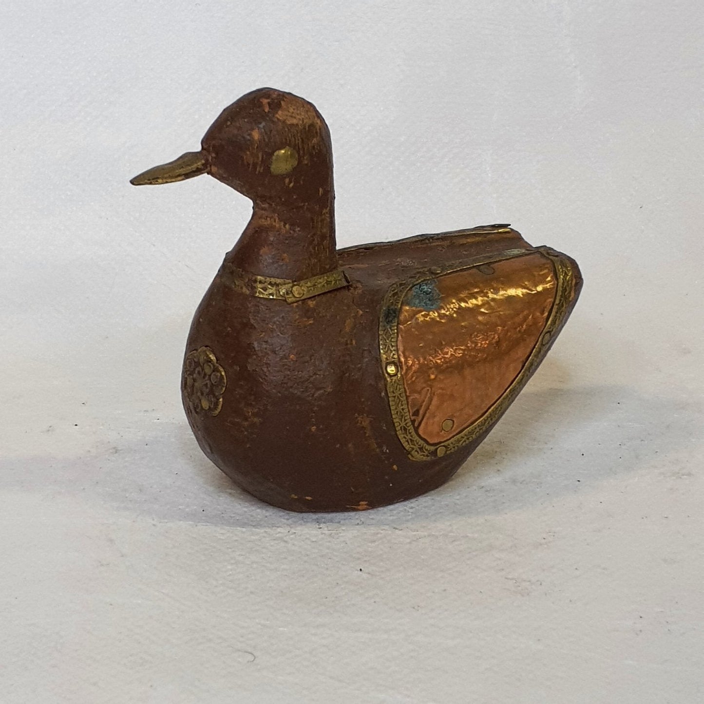 Wooden duck with metal fittings: Hand-carved unique piece in rustic style