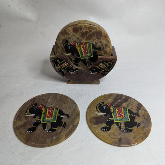 Soapstone Coaster Set Elephant – Hand-painted with holder 9 cm
