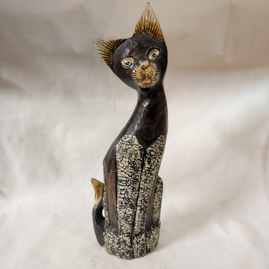 Holz-Katze mit Muscheln (48 cm) – Handgeschnitzte Figur & Elegante Boho-Deko