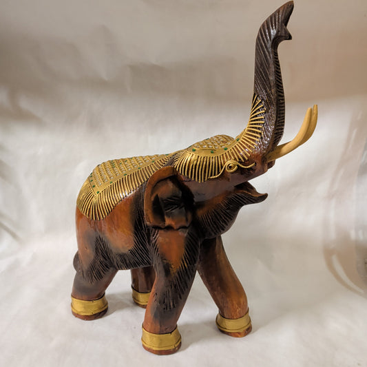 Teakholz Elefant mit Gold-Verzierung & Glasperlen (52 cm) – Rüssel nach oben
