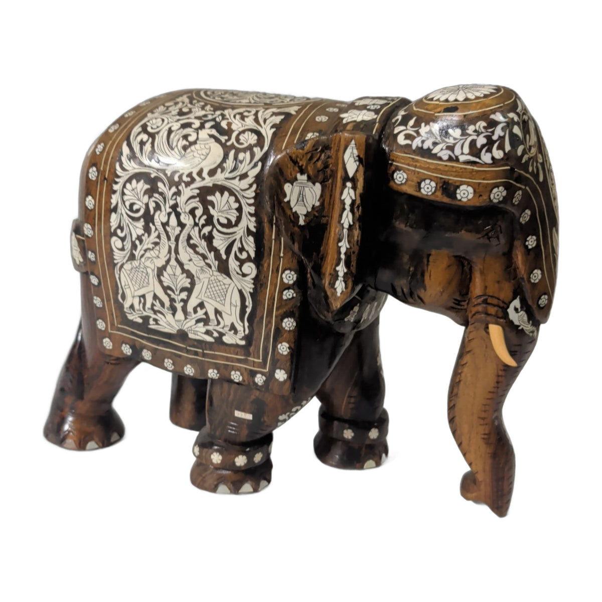 Elefant aus Holz – weiße Einlegearbeiten, ca. 31 cm | orientcrafts