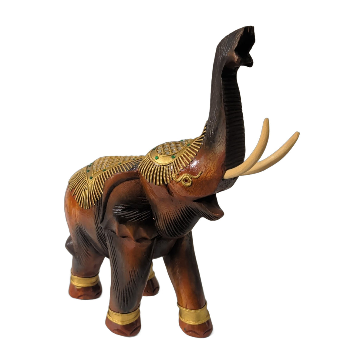 Elefant aus Holz – Rüssel hoch, Goldverzierung, ca. 41 cm | orientcrafts