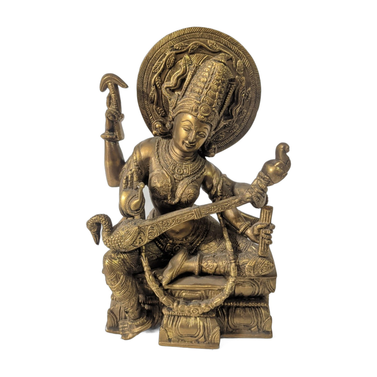 Saraswati aus Messing – sitzend mit Veena, ca. 28 cm | orientcrafts