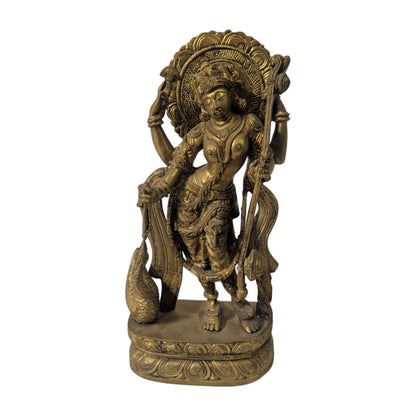 Saraswati aus Messing – mit Veena und Schwan, ca. 38 cm | orientcrafts