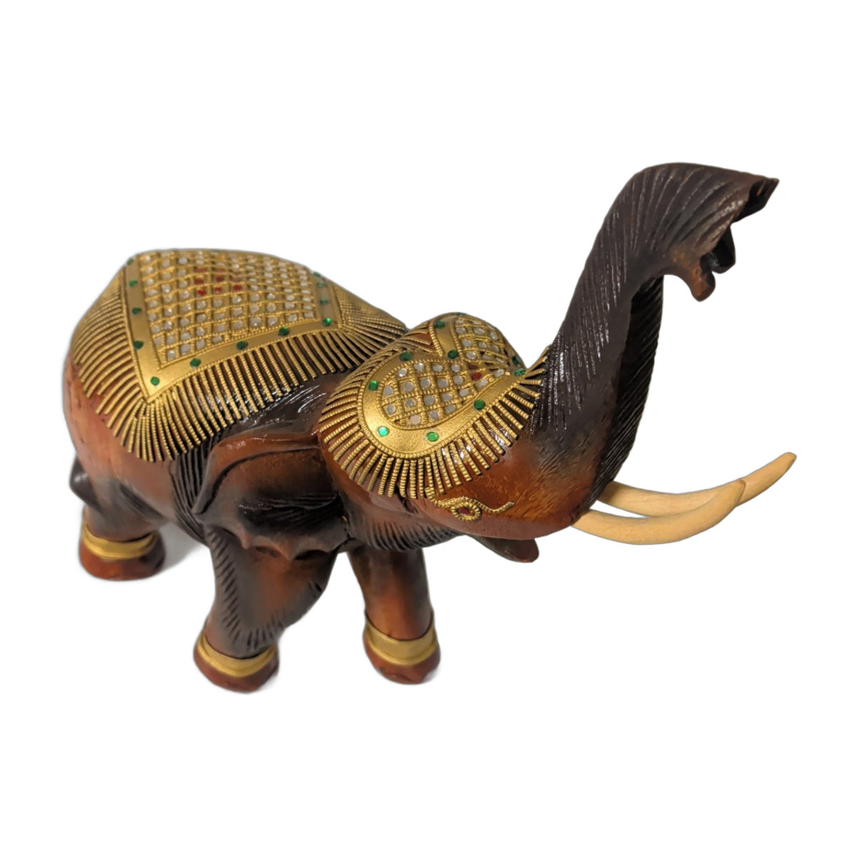 Elefant aus Holz – Rüssel hoch, Goldverzierung, ca. 41 cm – Ansicht 2 | orientcrafts