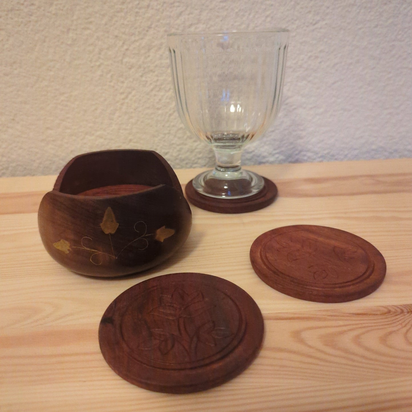 Set of 6 teakwood coasters: Handcrafted elegance with brass decor