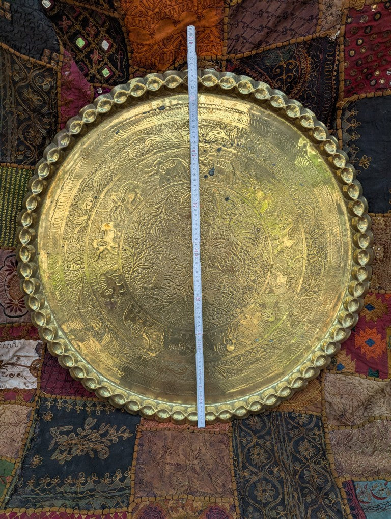 Exotic brass plate with elephant motif: Hand-hammered on a carved teak wood frame
