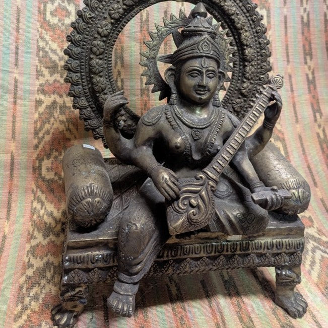 Saraswati Statue Messing Indien – Sitzend &amp; Patiniert 65 cm