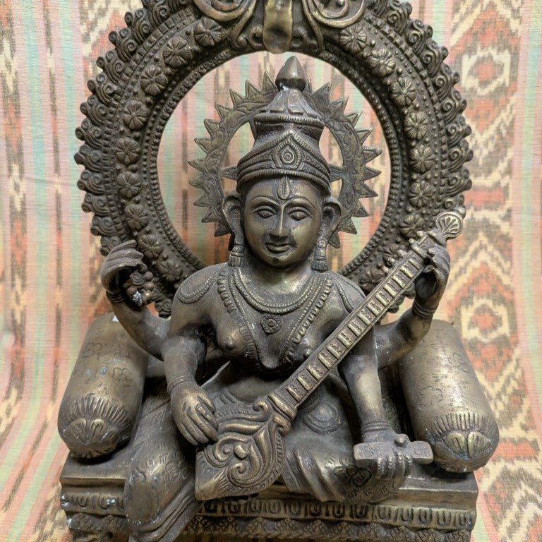 Saraswati Statue Messing Indien – Sitzend &amp; Patiniert 65 cm