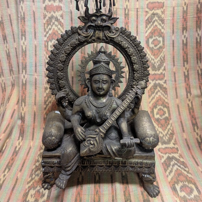 Saraswati Statue Messing Indien – Sitzend &amp; Patiniert 65 cm
