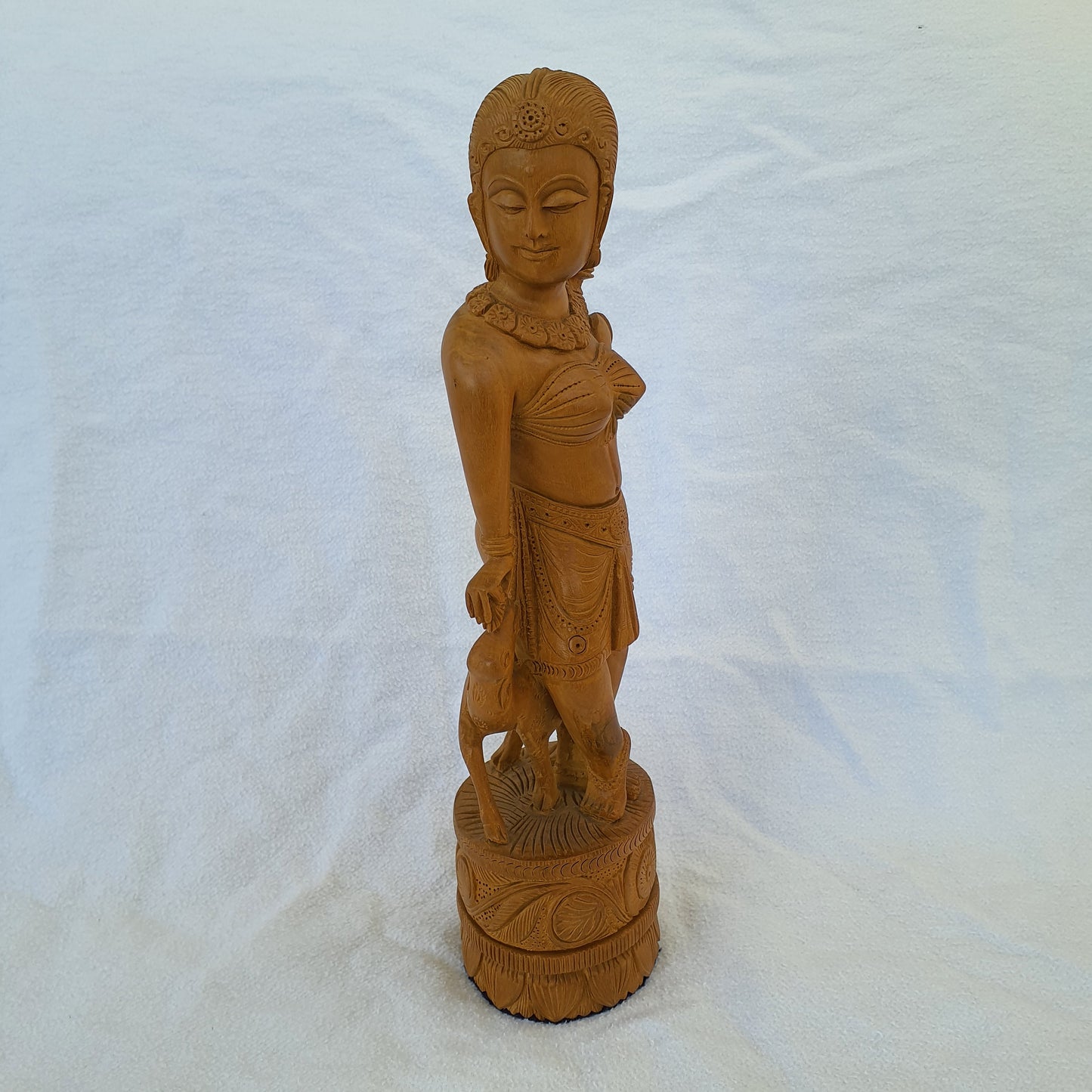 Tempeldienerin mit Ziege – Sandelholz Statue Indien Handgeschnitzt 27 cm