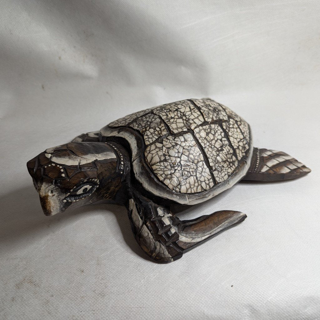 Teakwood &amp; Ceramic Turtle – Hand-Carved Decoration India 20 cm