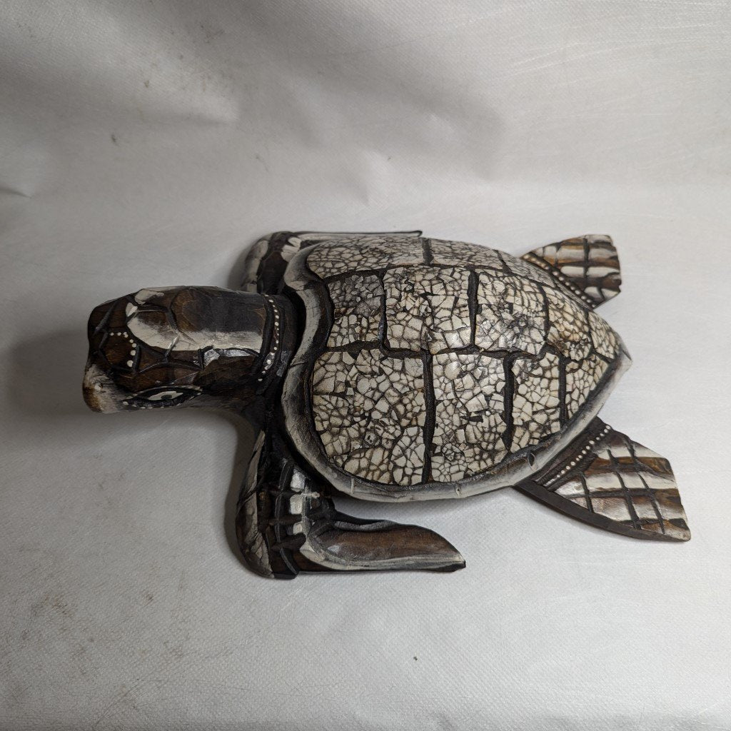 Teakwood &amp; Ceramic Turtle – Hand-Carved Decoration India 20 cm
