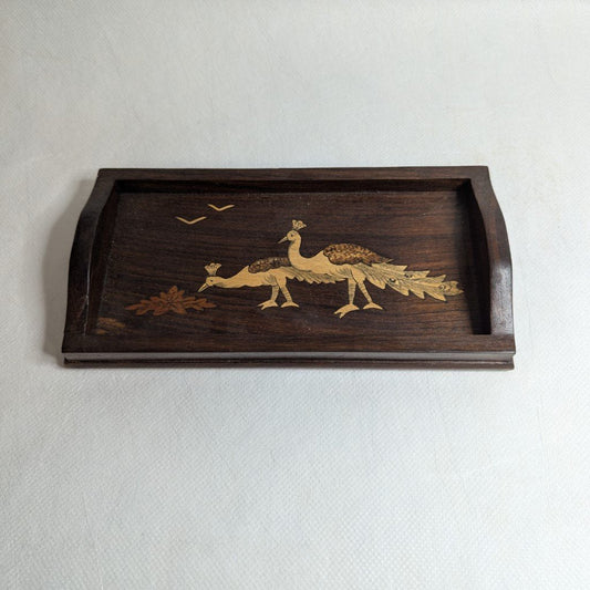 Serving tray, teak wood, peacock design – wood inlay, 20x8 cm