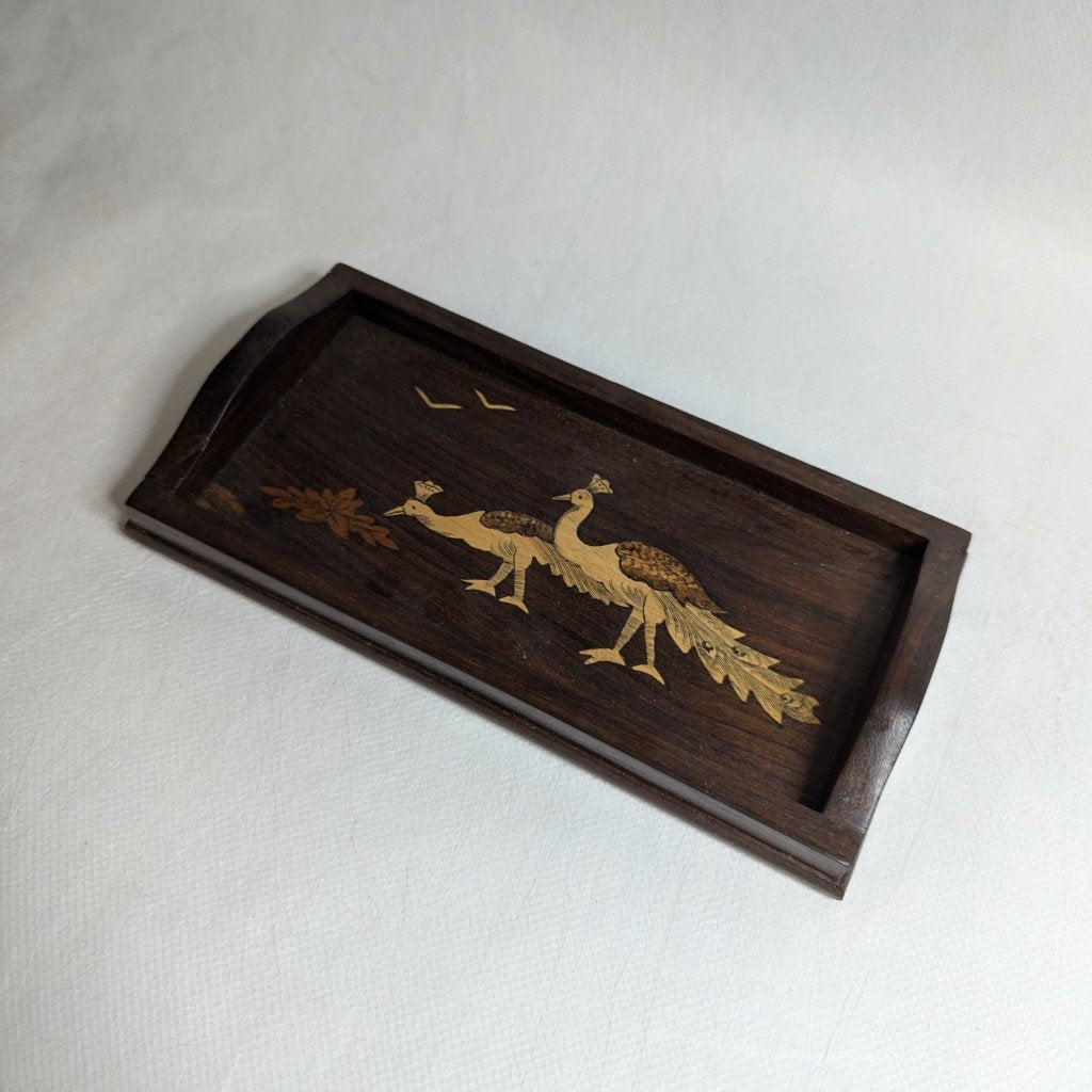 Serving tray, teak wood, peacock design – wood inlay, 20x8 cm
