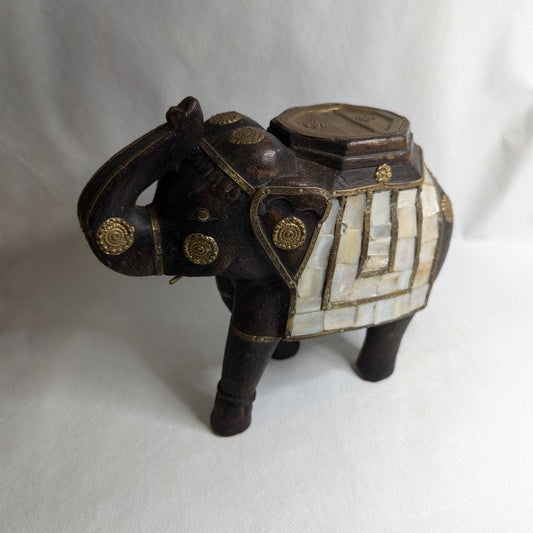 Wooden elephant with precious fittings: Hand-carved unique piece with mother-of-pearl