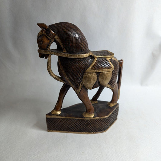 Teakwood horse statue on pedestal – Hand-carved India 18 cm