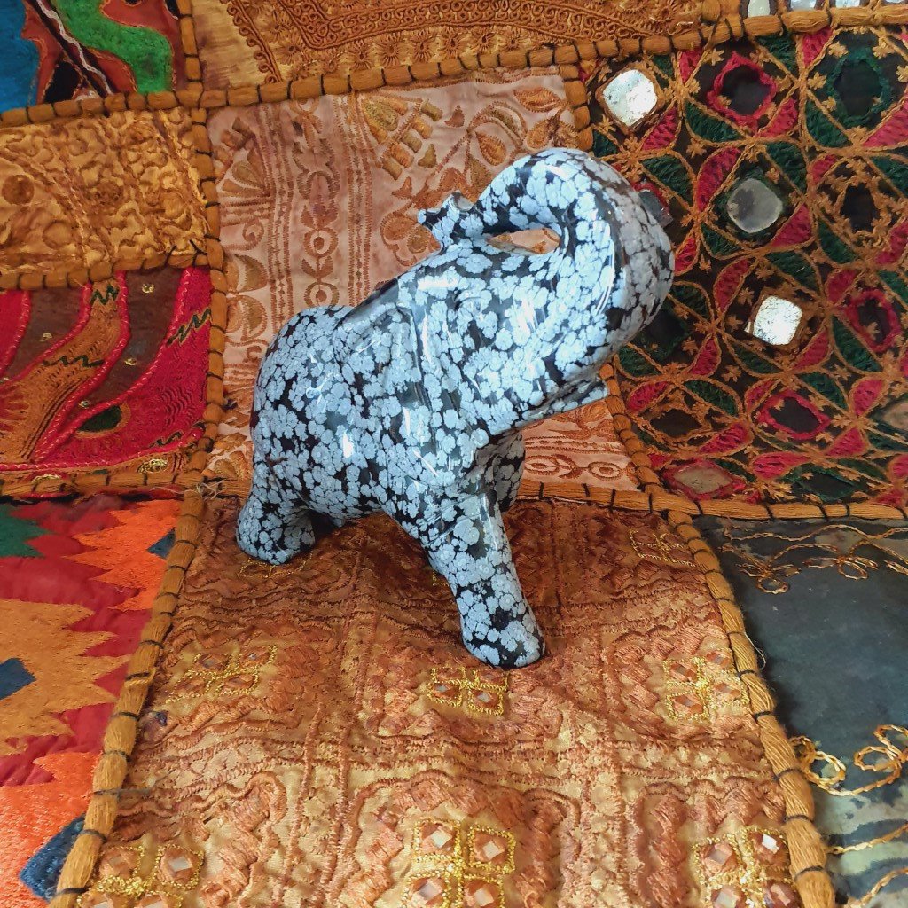 Elephant figurine: Handmade unique piece made of snowflake obsidian 