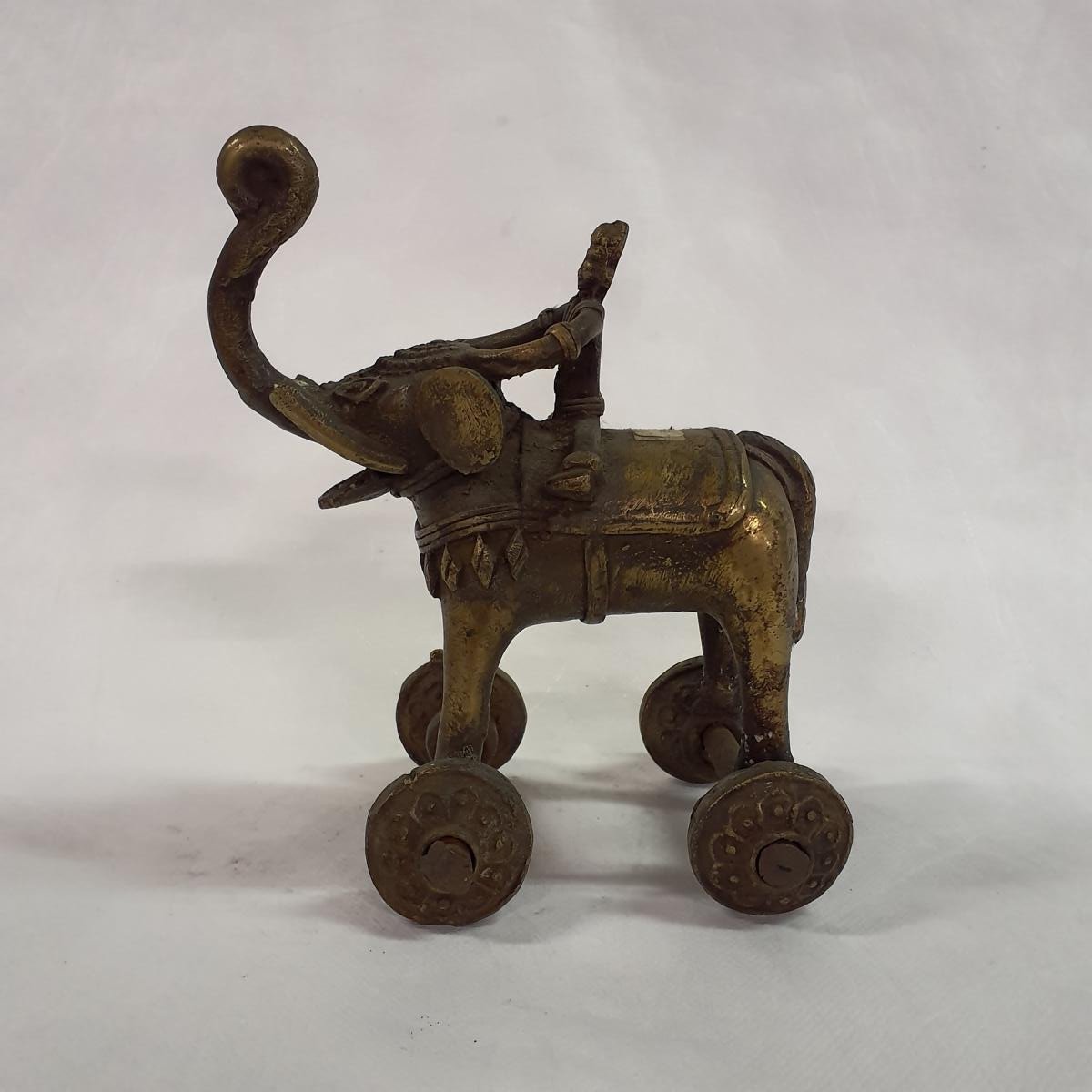 Rajput Elephant on Wheels – Brass Statue with Mahout 22 cm