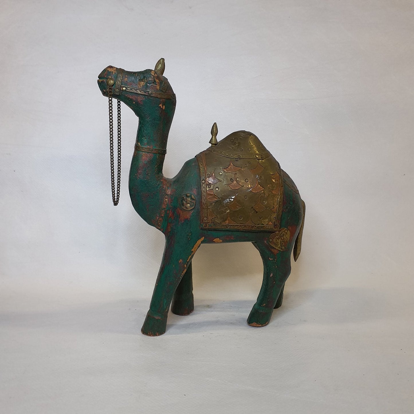 Hand-carved wooden camel: Rustic one-of-a-kind piece with brass and copper fittings