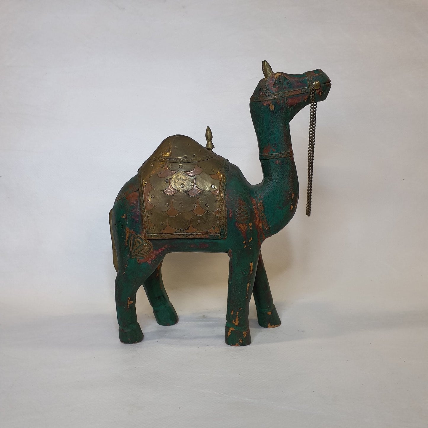 Hand-carved wooden camel: Rustic one-of-a-kind piece with brass and copper fittings