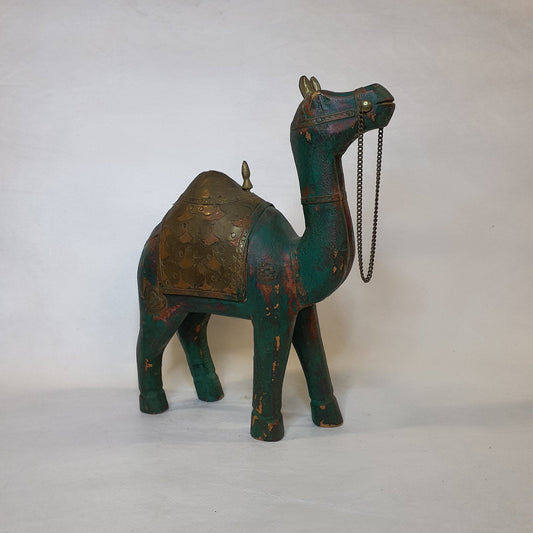 Hand-carved wooden camel: Rustic one-of-a-kind piece with brass and copper fittings