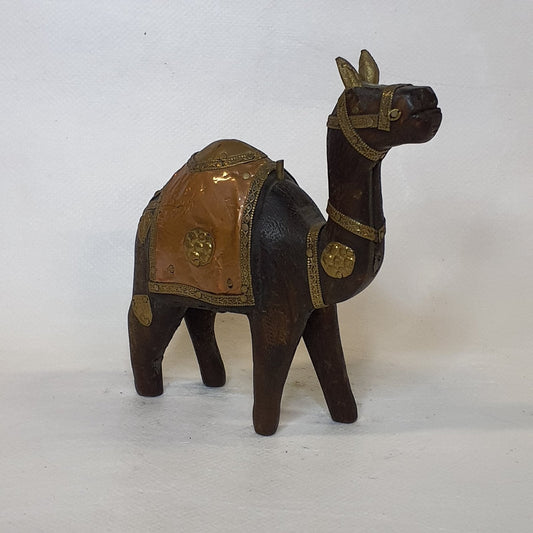 Hand-carved wooden camel: Rustic one-of-a-kind piece with brass and copper fittings