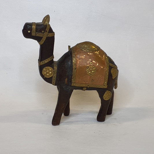 Hand-carved wooden camel: Rustic one-of-a-kind piece with brass and copper fittings