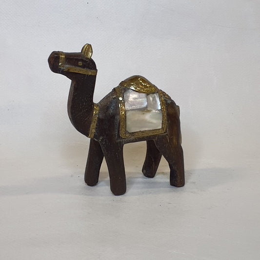 Hand-carved wooden camel: Luxurious one-of-a-kind piece with shimmering mother-of-pearl and metal appliqués 