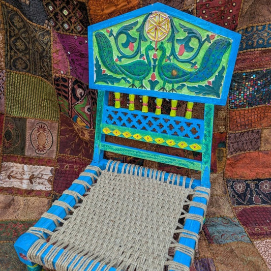 Peacock meditation chair from India: Hand-carved and painted unique piece for spiritual practice
