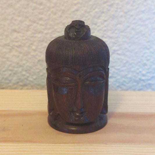 Pillbox Buddha Head made of Mahogany: Hand-carved, practical travel accessory