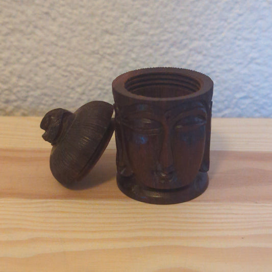 Pillbox Buddha Head made of Mahogany: Hand-carved, practical travel accessory